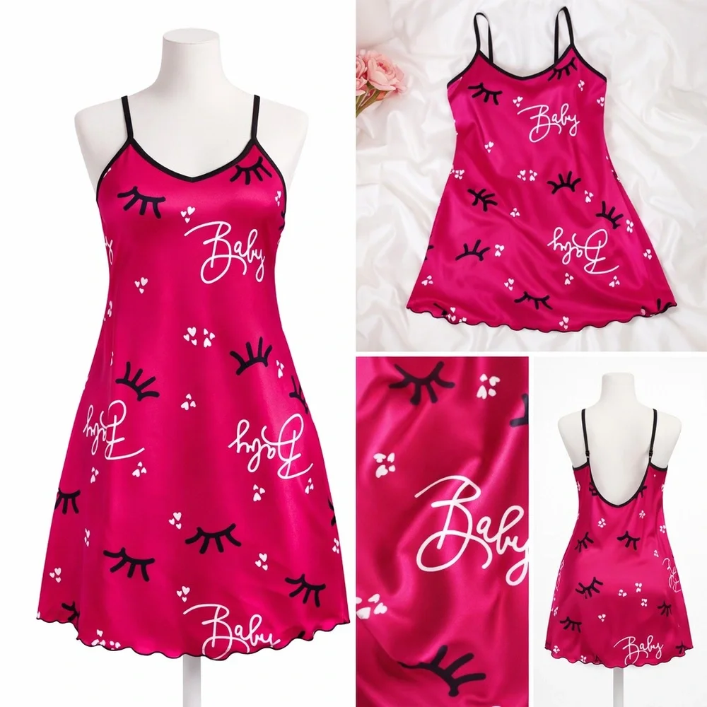 “Pink Satin Slip Nightgown L | Backless Babydoll Sleep Dress | Eyelash Print” - Picture 3 of 9